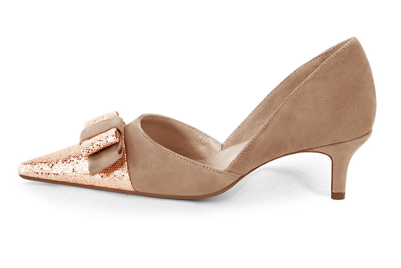 Powder pink and biscuit beige women's open arch dress pumps. Pointed toe. Medium slim heel. Profile view - Florence KOOIJMAN